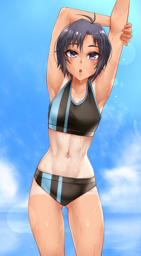 1girl :o armpits blue_sky buruma cowboy_shot day gluteal_fold hands_up idolmaster kikuchi_makoto leaning_to_the_side lens_flare looking_at_viewer navel parted_lips purple_hair short_hair sky solo sports_bra standing stretch tan tanline twrlare violet_eyes wet