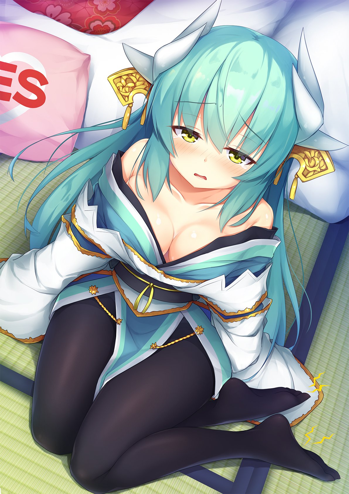 1girl bare_shoulders black_legwear blush breasts cleavage collarbone dragon_girl dragon_horns eyebrows_visible_through_hair fate/grand_order fate_(series) green_hair hair_between_eyes hair_ornament highres horns indoors japanese_clothes kimono kiyohime_(fate/grand_order) long_hair long_sleeves looking_at_viewer medium_breasts no_shoes open_mouth pantyhose pink_pillow solo tatami tears wavy_mouth yellow_eyes yes-no_pillow yuki_kawachi