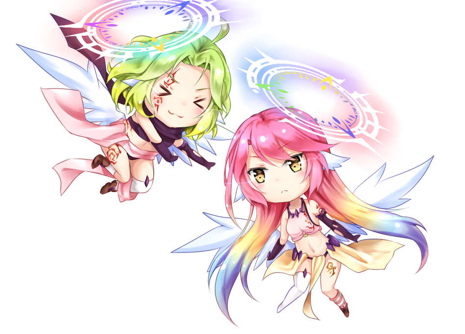 &gt;_&lt; 2girls :&lt; :3 ahoge angel_wings azriel_(no_game_no_life) blush breasts chibi closed_mouth crop_top facial_tattoo feathered_wings flying gloves gradient_hair green_hair halo ikasoke_(likerm6au) jibril_(no_game_no_life) long_hair low_wings magic_circle medium_breasts midriff mismatched_legwear multicolored_hair multiple_girls navel no_game_no_life pink_hair scarf shoes short_hair single_shoe smile stomach tattoo thigh-highs very_long_hair white_wings wing_ears wings x3 yellow_eyes