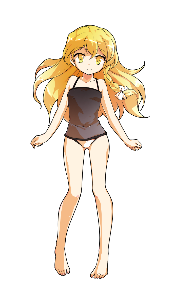 1girl alphes_(style) bangs bare_arms bare_legs bare_shoulders barefoot black_swimsuit blonde_hair braid breasts casual_one-piece_swimsuit collarbone dairi gluteal_fold hair_between_eyes highres kirisame_marisa looking_at_viewer one-piece_swimsuit one_eye_closed parody side_braid silent_sinner_in_blue single_braid small_breasts smile solo standing style_parody swimsuit tachi-e touhou yellow_eyes