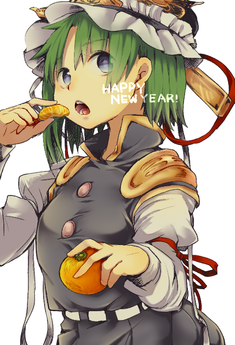 1girl bangs blue_eyes commentary_request eyebrows_visible_through_hair food fruit green_hair hand_up happy_new_year hat holding holding_fruit long_sleeves mandarin_orange new_year open_mouth shiki_eiki short_hair simple_background solo touhou upper_body wadante white_background