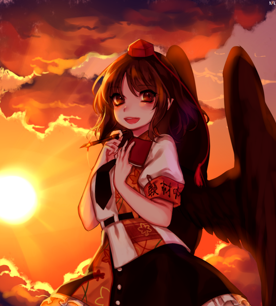 1girl :d above_clouds armband black_belt black_hair black_neckwear black_skirt black_wings blouse blush book clothes_pin clouds cowboy_shot feathered_wings hands_up hat holding holding_book holding_pen looking_at_viewer necktie open_mouth orange_sky pen petticoat pointy_ears puffy_short_sleeves puffy_sleeves red_eyes shameimaru_aya shan short_hair short_sleeves skirt sky smile solo sun sunset tassel tokin_hat touhou translation_request white_blouse wing_collar wings