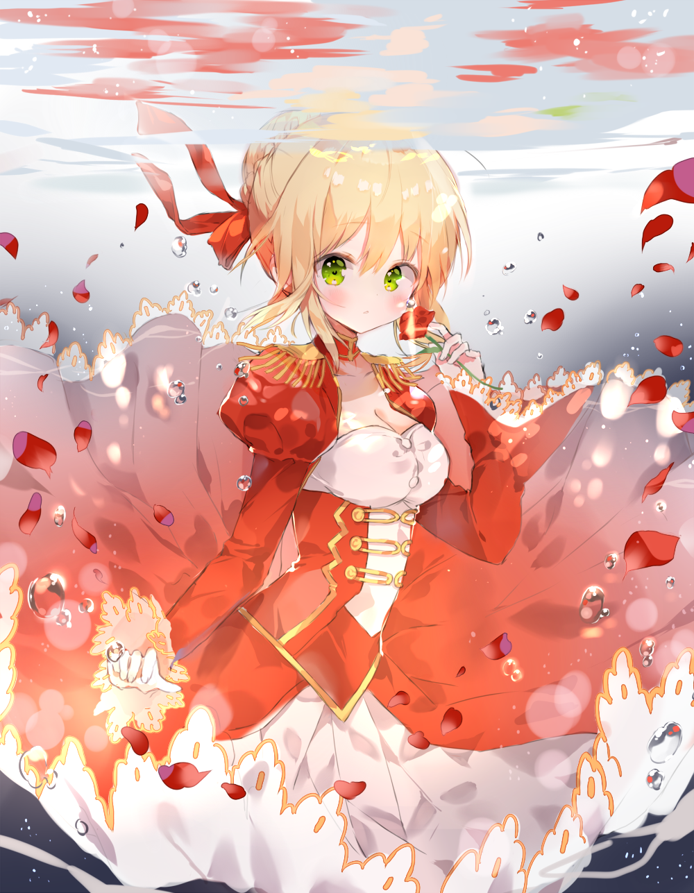 1girl air_bubble b_rock bangs blonde_hair braid bubble dress epaulettes fate/extra fate/extra_ccc fate_(series) flower hair_bun hair_ribbon hand_up highres holding holding_flower juliet_sleeves long_sleeves looking_at_viewer nero_claudius_(fate) nero_claudius_(fate)_(all) petals puffy_sleeves red_dress red_flower red_ribbon red_rose ribbon rose rose_petals solo underwater