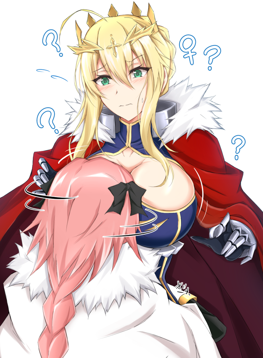 1boy 1girl ? ahoge armor artoria_pendragon_(all) artoria_pendragon_(lancer) astolfo_(fate) black_bow black_gloves blonde_hair blush bow braid breasts cape cleavage commentary_request cross crown eyebrows_visible_through_hair face_to_breasts fate/apocrypha fate/grand_order fate/stay_night fate_(series) flying_sweatdrops from_behind fur_trim gloves grabbing green_eyes hair_between_eyes hair_bow head_tilt highres large_breasts long_hair looking_at_another motorboating pink_hair piro_(iiiiiiiiii) red_cape saber sidelocks simple_background trap venus_symbol white_background white_cape