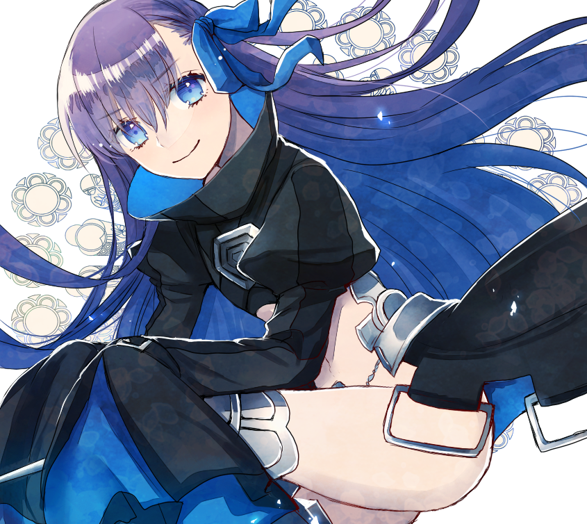 1girl bangs blue_eyes blue_ribbon bow commentary_request fate/extra fate/extra_ccc fate_(series) hair_bow hair_ribbon juliet_sleeves kanasiinezimakineko light_particles long_hair long_sleeves looking_at_viewer meltlilith navel puffy_sleeves purple_hair ribbon sleeves_past_wrists smile solo thigh-highs thighs very_long_hair