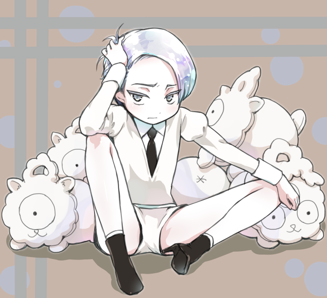 1other amimi androgynous cairngorm_(houseki_no_kuni) colored_eyelashes frown gem_uniform_(houseki_no_kuni) hand_in_hair high_heels houseki_no_kuni looking_at_viewer necktie shiro_(houseki_no_kuni) short_hair sitting solo stuffed_animal stuffed_toy white_eyes white_hair