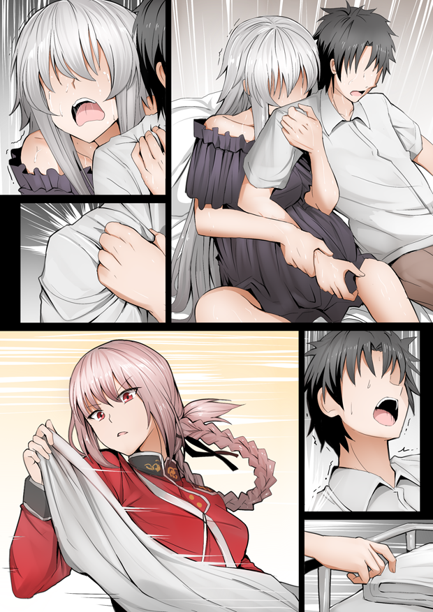 1boy 2girls arm_grab black_hair comic faceless faceless_male fate/grand_order fate_(series) florence_nightingale_(fate/grand_order) fujimaru_ritsuka_(male) ginhaha jeanne_d'arc_(alter)_(fate) jeanne_d'arc_(fate)_(all) multiple_girls pregnant purple_hair silent_comic silver_hair sweat sweating_profusely