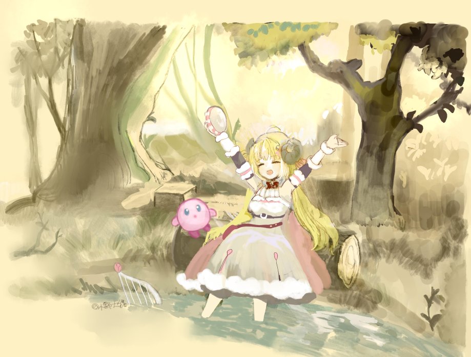 1girl :d :o ^_^ ahoge animal_ears arms_up bangs blonde_hair blue_eyes closed_eyes commentary_request crossover curled_horns dress eyebrows_visible_through_hair grass grey_dress harp holding hololive horns instrument kirby kirby_(series) log long_hair lunacats parted_lips sheep_ears sheep_girl sheep_horns sitting smile soaking_feet tree tsunomaki_watame very_long_hair virtual_youtuber water