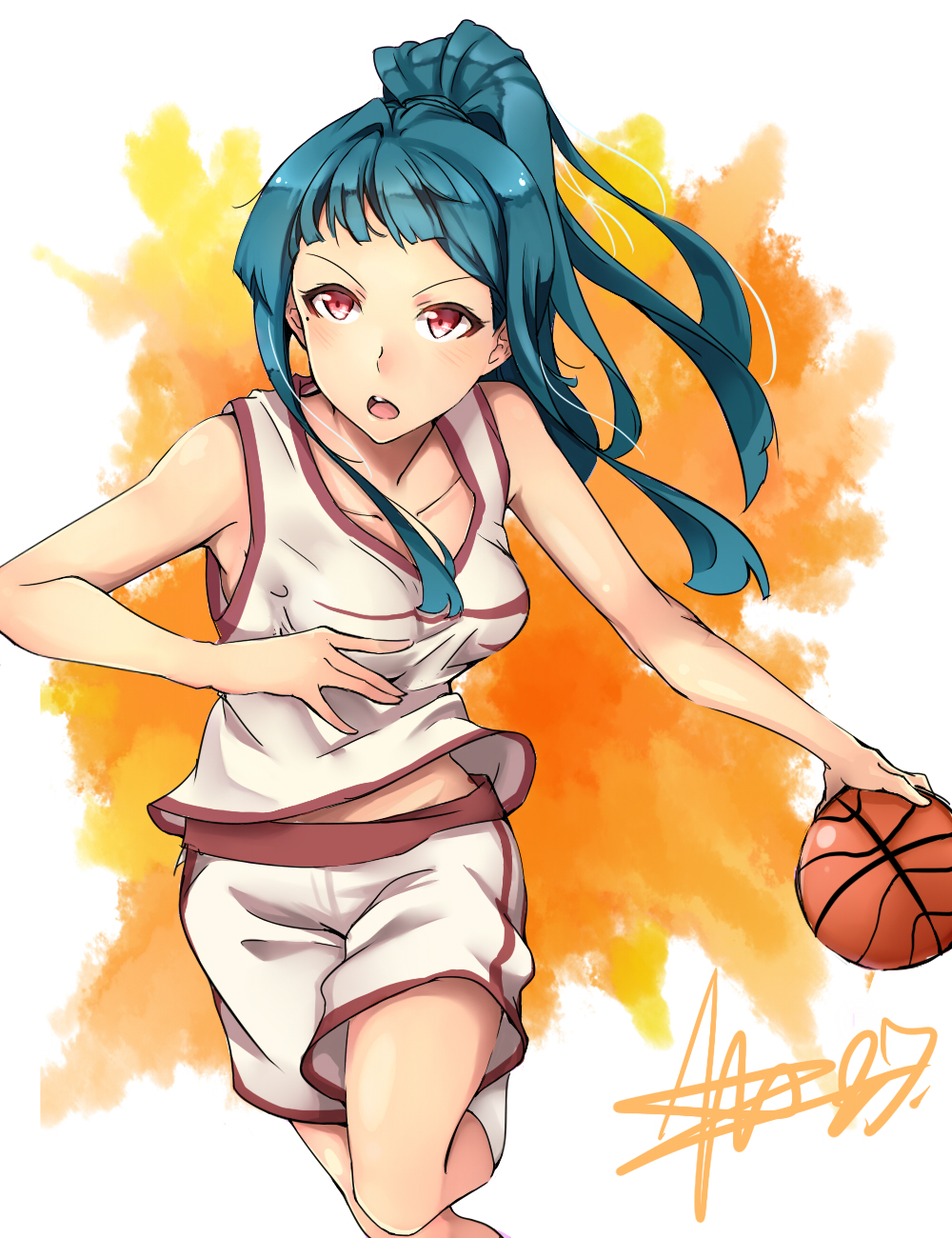 1girl alternate_costume basketball basketball_uniform blue_hair collarbone commentary dribbling high_ponytail highres long_hair looking_ahead mole mole_under_eye open_mouth orange_background red_eyes shorts sidelocks signature socks solo sportswear tank_top tendouji_musubi tokyo_7th_sisters very_long_hair white_background yakimi_27