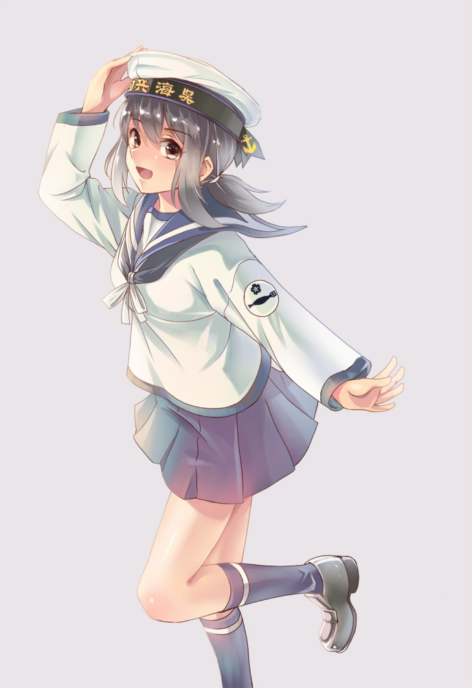 :d alternate_costume black_hair black_legwear black_neckwear blue_skirt clothes_writing eyebrows_visible_through_hair fubuki_(kantai_collection) grey_footwear hat imperial_japanese_navy kantai_collection loafers long_sleeves longmei_er_de_tuzi looking_at_viewer low_ponytail military military_uniform neckerchief open_mouth pleated_skirt sailor_collar sailor_hat school_uniform serafuku shirt shoes short_hair short_ponytail sidelocks simple_background skirt smile socks uniform white_shirt