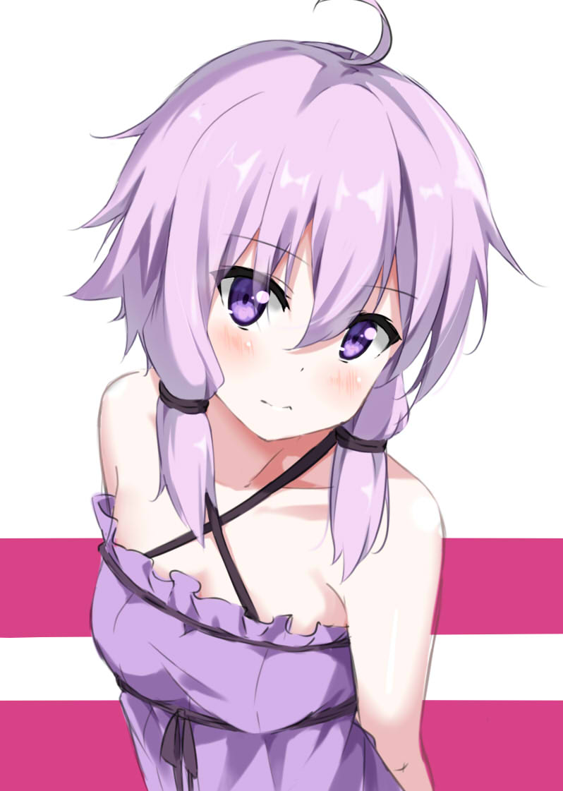 1girl ahoge bangs bare_arms bare_shoulders blush breasts closed_mouth collarbone commentary_request criss-cross_halter dress eyebrows_visible_through_hair hair_between_eyes halterneck head_tilt kohakope long_hair looking_at_viewer pink_hair purple_dress small_breasts solo upper_body violet_eyes vocaloid voiceroid yuzuki_yukari