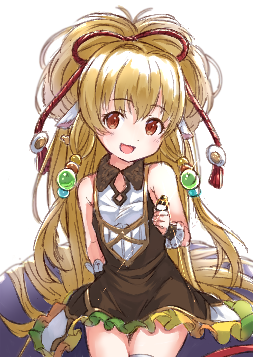 1girl :d animal_ears bangs bare_shoulders blonde_hair blush brown_dress commentary_request dress eyebrows_visible_through_hair glint granblue_fantasy hair_between_eyes hair_ornament hair_ribbon harvin head_tilt highres holding long_hair looking_at_viewer mahira_(granblue_fantasy) open_mouth pointy_ears red_eyes red_ribbon ribbon short_dress sitting sleeveless sleeveless_dress smile solo tsukiman very_long_hair white_background wrist_cuffs