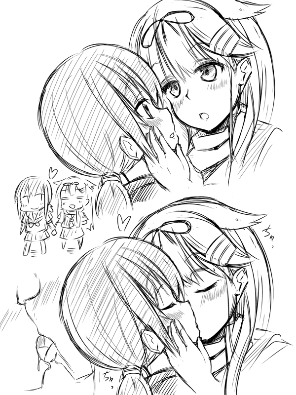 blush closed_eyes french_kiss greyscale hair_ornament hair_ribbon hairclip hand_on_another's_cheek hand_on_another's_face holding ichimi kantai_collection kiss long_hair monochrome nagatsuki_(kantai_collection) neckerchief ponytail remodel_(kantai_collection) ribbon scarf school_uniform serafuku sketch skirt smile yuri yuudachi_(kantai_collection)