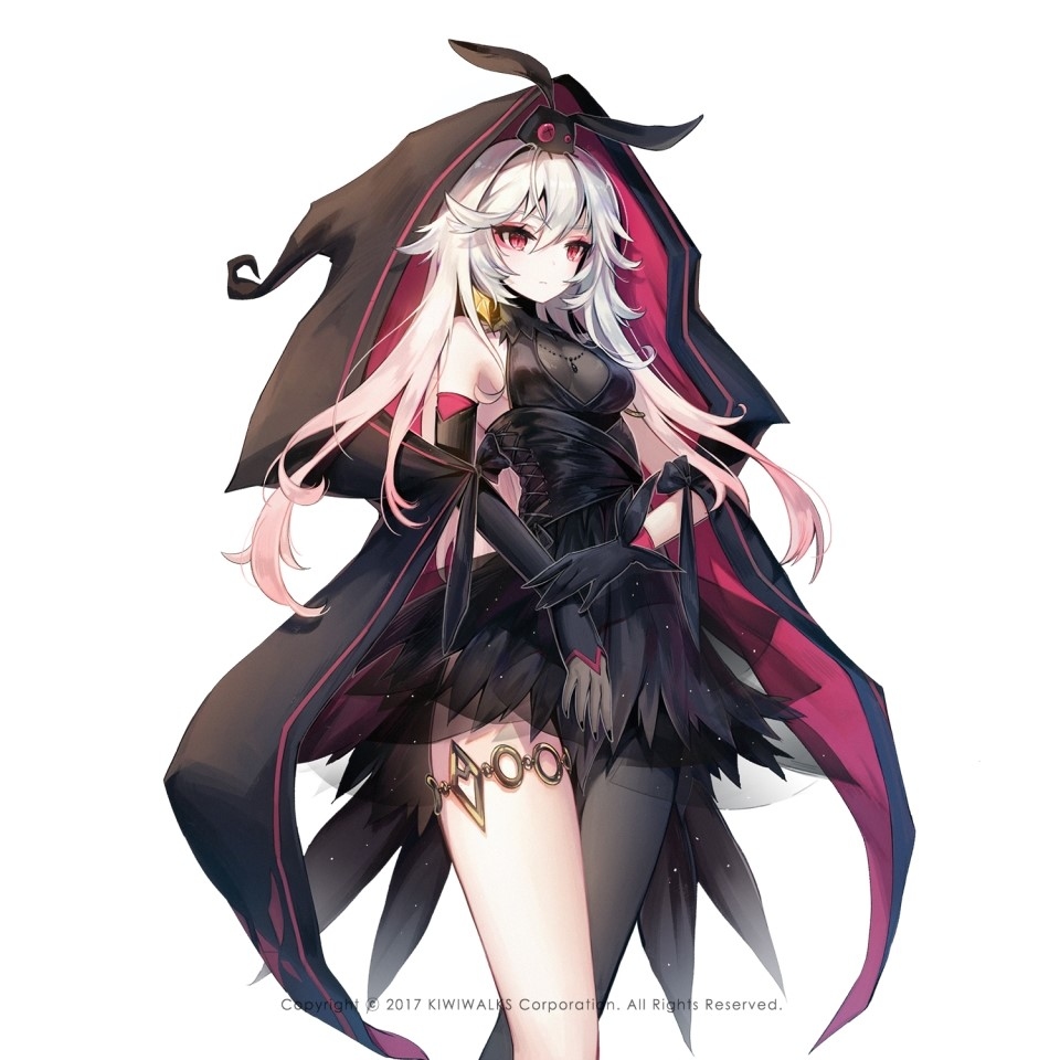 1girl 2017 black_dress black_gloves breasts character_request cleavage closed_mouth company_name dress eyebrows_visible_through_hair gloves jewelry long_hair looking_at_viewer medium_breasts multicolored_hair necklace official_art red_eyes redhead snow_is solo two-tone_hair white_hair witch_springs