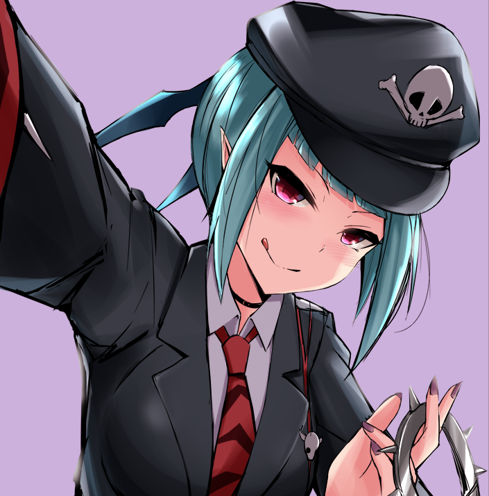 1girl choker collared_shirt cuffs duel_monster eld_pld green_hair handcuffs hat long_sleeves looking_at_viewer necktie pointy_ears police red_eyes shirt solo tongue tongue_out yu-gi-oh!