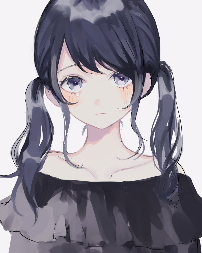 1girl bare_shoulders black_dress blush closed_mouth collarbone dress grey_background looking_at_viewer original p2_(uxjzz) purple_hair simple_background solo tears twintails upper_body violet_eyes