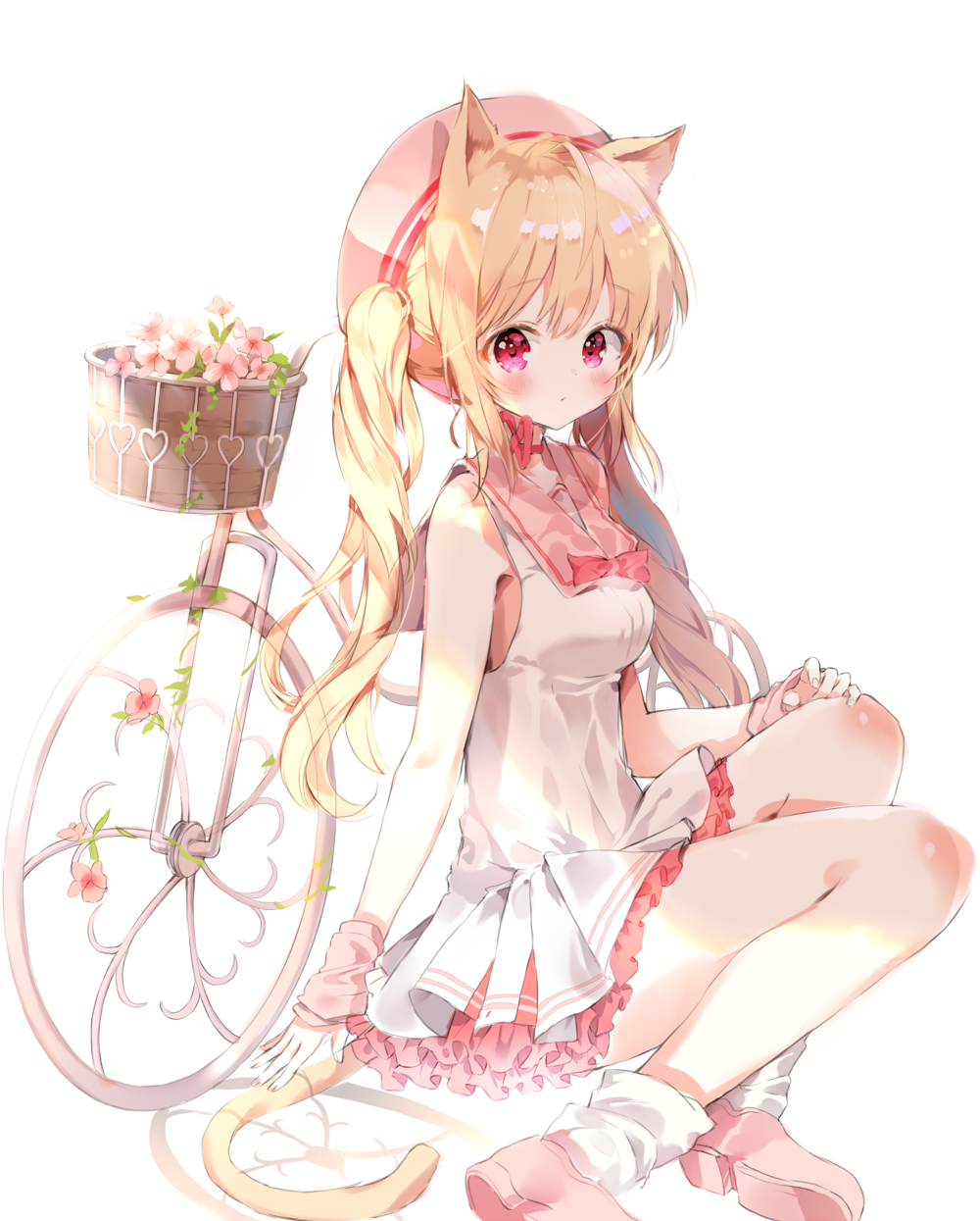 1girl animal_ears b_rock bangs bicycle blonde_hair blush cat_ears cat_tail choker dress eyebrows_visible_through_hair flower ground_vehicle hat highres long_hair looking_at_viewer original pink_flower pink_footwear pink_hat pink_sailor_collar pink_skirt red_choker red_eyes sailor_collar sailor_dress shoes short_dress simple_background sitting skirt socks solo tail twintails white_background white_dress white_legwear