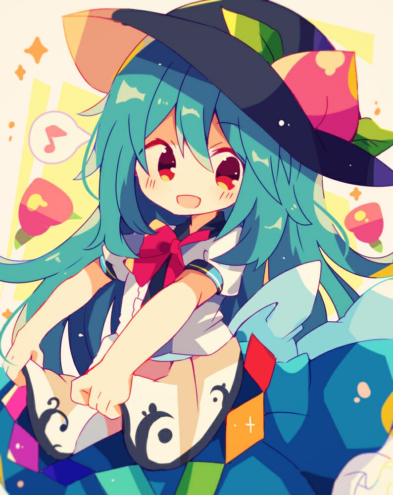 :d apron blouse blue_hair blue_skirt blush bow bowtie eighth_note food frills fruit hat hinanawi_tenshi leaf long_hair mina_(sio0616) musical_note neck_ribbon open_mouth peach puffy_short_sleeves puffy_sleeves red_bow red_eyes ribbon shirt short_sleeves skirt smile touhou white_shirt