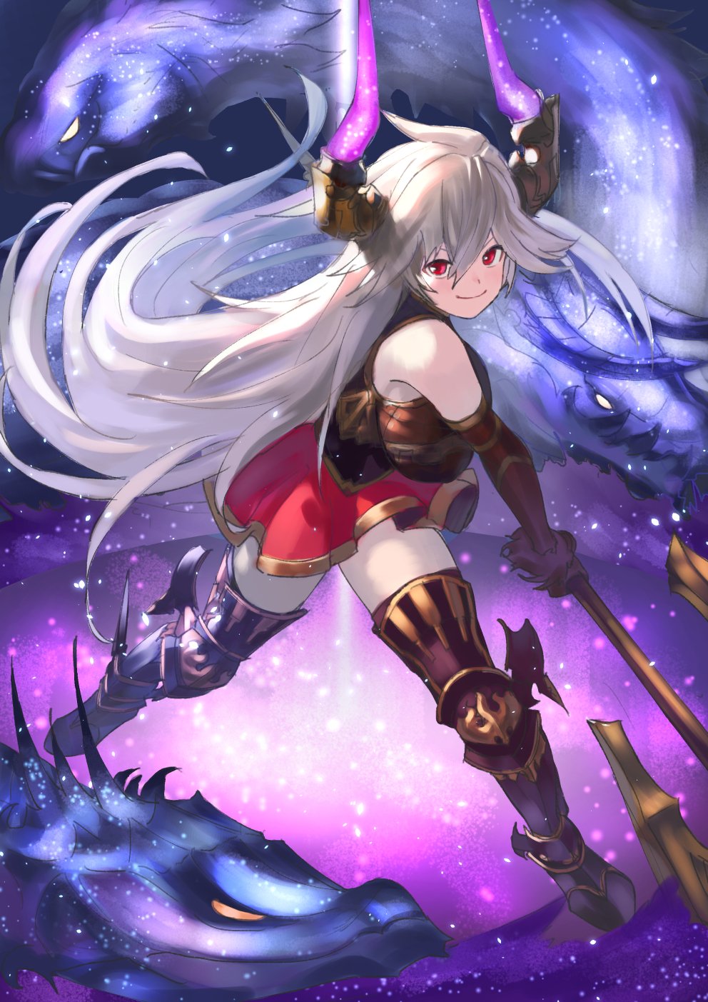 1girl armored_boots axe bare_shoulders boots brown_gloves closed_mouth commentary_request dragon elbow_gloves gloves granblue_fantasy grey_hair hair_between_eyes highres holding holding_weapon horns legs_apart long_hair looking_at_viewer red_eyes red_skirt skirt smile solo standing thalatha_(granblue_fantasy) thigh-highs thigh_boots wasabi60 weapon