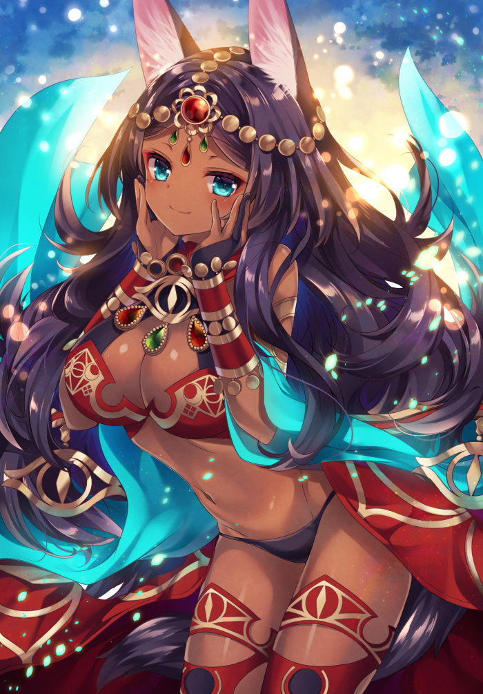 1girl animal_ears aqua_eyes black_panties breasts bridal_gauntlets cleavage closed_mouth cowboy_shot dark_skin fate/grand_order fate_(series) gem head_chain hood jewelry large_breasts long_hair looking_at_viewer navel nogi_takayoshi panties pixiv_fate/grand_order_contest_2 purple_hair queen_of_sheba_(fate/grand_order) smile solo thigh-highs underwear