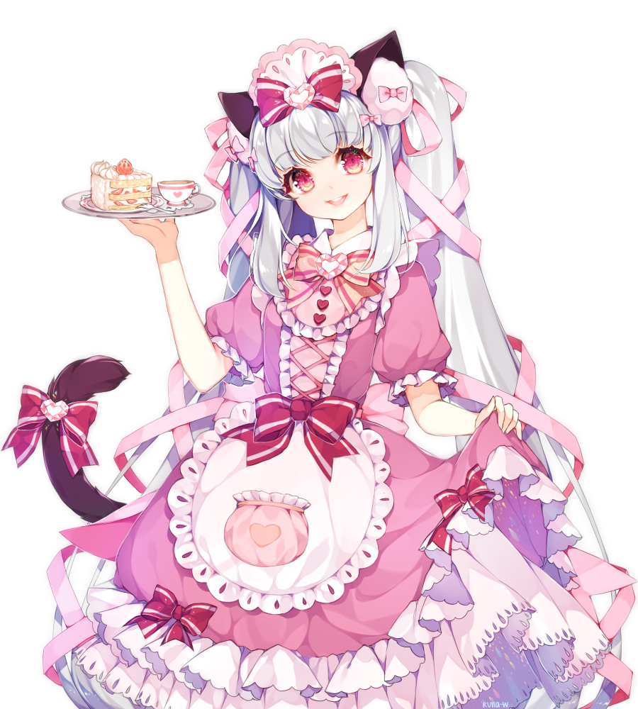 animal_ears bangs bow cake cat_ears cat_tail commission cup dress dress_lift food frilled_dress frills hairband lolita_fashion lolita_hairband long_hair looking_at_viewer maid maid_headdress open_mouth original pink_eyes runastark smile tail tail_bow teacup twintails white_hair