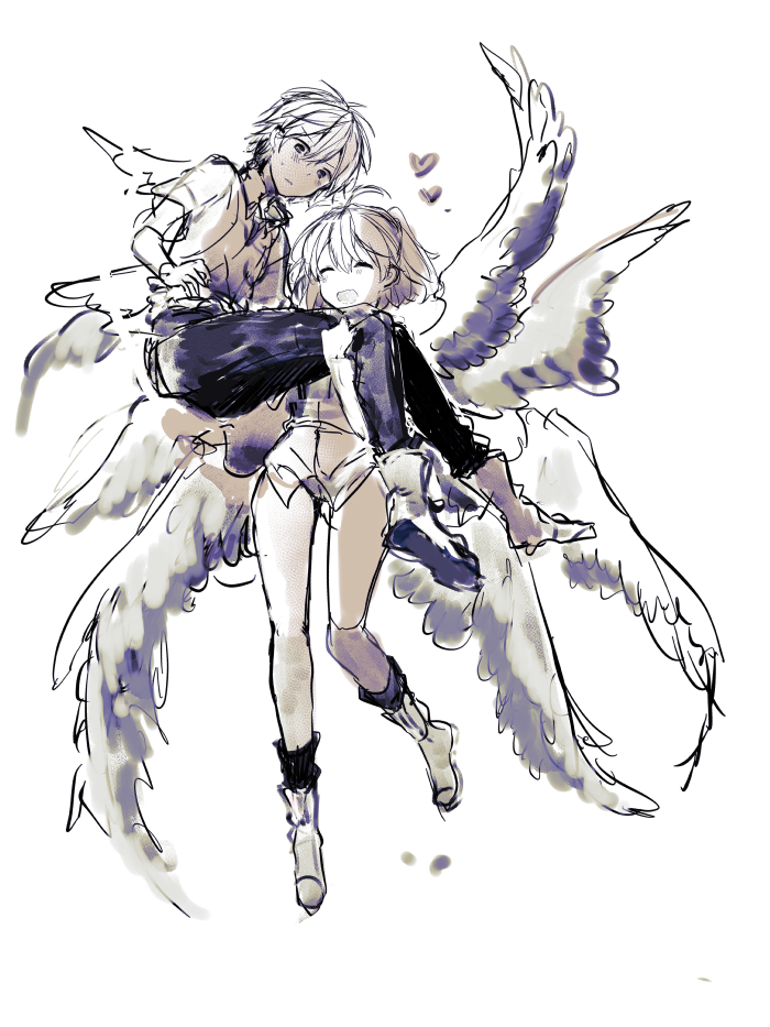 1boy 1girl angel_chromosome_xx blush carrying greyscale heart ikeuchi_tanuma looking_down monochrome multiple_wings nagisa_kaworu neon_genesis_evangelion no_pants princess_carry simple_background sketch smile socks tabris tabris-xx twintails white_background wings