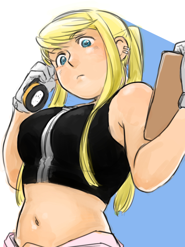 1girl bangs bare_arms bare_shoulders blonde_hair blue_background blue_eyes breasts cowboy_shot earrings expressionless eyebrows_visible_through_hair fullmetal_alchemist gloves jewelry long_hair looking_down navel nore_(boosuke) phone ponytail short_sleeves simple_background sleeveless solo_focus tank_top upper_body white_background winry_rockbell