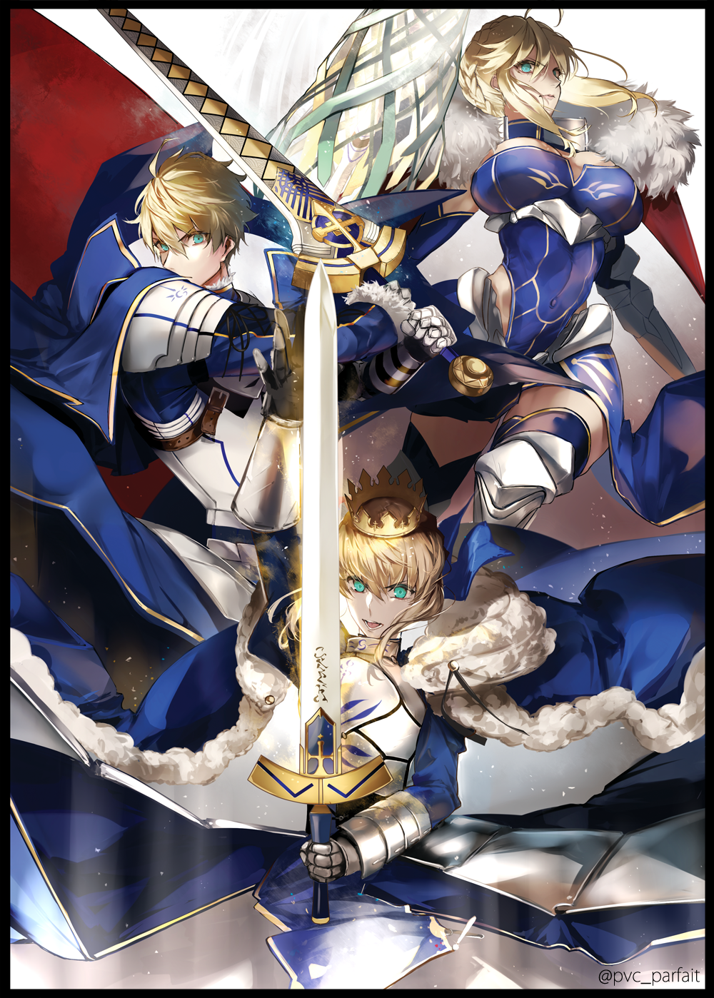 1boy 2girls ahoge armor armored_dress arthur_pendragon_(fate) artoria_pendragon_(all) artoria_pendragon_(lancer) black_border blonde_hair border bow breasts cape commentary crown dress elbow_gloves excalibur excalibur_(fate/prototype) fate/extella fate/extra fate/grand_order fate/prototype fate/stay_night fate_(series) fur_trim gauntlets gloves green_eyes hair_between_eyes highres holding holding_sword holding_weapon large_breasts multiple_girls pixiv_fate/grand_order_contest_2 pvc_parfait rhongomyniad saber short_hair sword twitter_username weapon