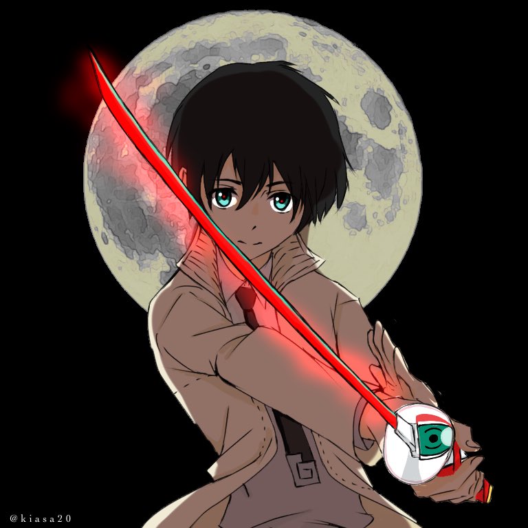1boy bangs black_hair blue_eyes collared_shirt commentary_request darling_in_the_franxx grey_shirt hiro_(darling_in_the_franxx) holding holding_sword holding_weapon jacket kiasa20 looking_at_viewer male_focus moon necktie open_clothes open_jacket parody shirt short_hair signature solo soul_eater sword weapon white_jacket white_neckwear wing_collar zero_two_(darling_in_the_franxx)