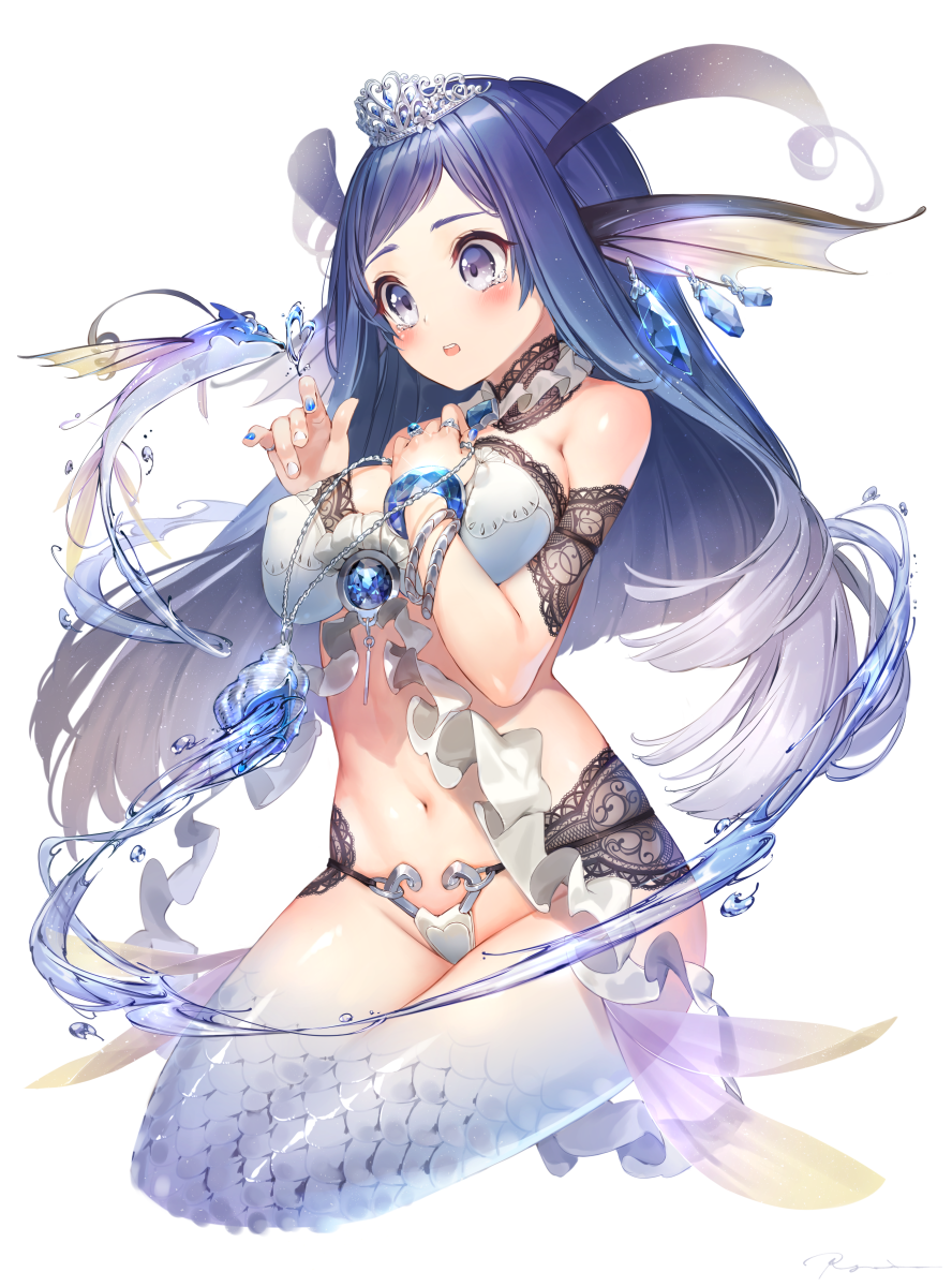 1girl :o armlet bangs bare_shoulders bikini blue_eyes blue_hair blue_hairband blue_nails blush bra bracelet breasts cleavage crying crying_with_eyes_open crystal detached_collar erect_nipples fingernails fins fish_girl fish_scales gem glint hair_ornament hairband hakura_kusa hand_on_own_chest hands_up head_fins heart highres holding_necklace jewelry lace large_breasts long_hair looking_away monster_girl multicolored multicolored_hair multicolored_nails multicolored_skin nail_polish navel necklace_removed open_mouth original parted_bangs revealing_clothes ring sapphire_(stone) scales seiza shell shiny shiny_hair signature simple_background sitting solo stomach straight_hair swimsuit swirls tears thumb_ring tiara underwear upper_body violet_eyes water water_drop white_background white_bra white_nails