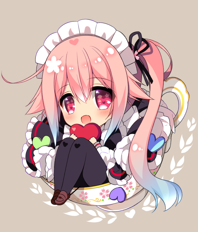 1girl :d apron bangs black_dress black_legwear blue_hair blush brown_background brown_footwear chibi commentary_request cup dress eyebrows_visible_through_hair frilled_apron frills gradient_hair hair_between_eyes hair_flaps harusame_(kantai_collection) heart holding holding_heart in_container in_cup kantai_collection loafers long_hair long_sleeves looking_at_viewer maid maid_headdress multicolored_hair open_mouth pantyhose pink_hair ringo_sui shoes side_ponytail sidelocks sitting smile solo teacup very_long_hair violet_eyes white_apron