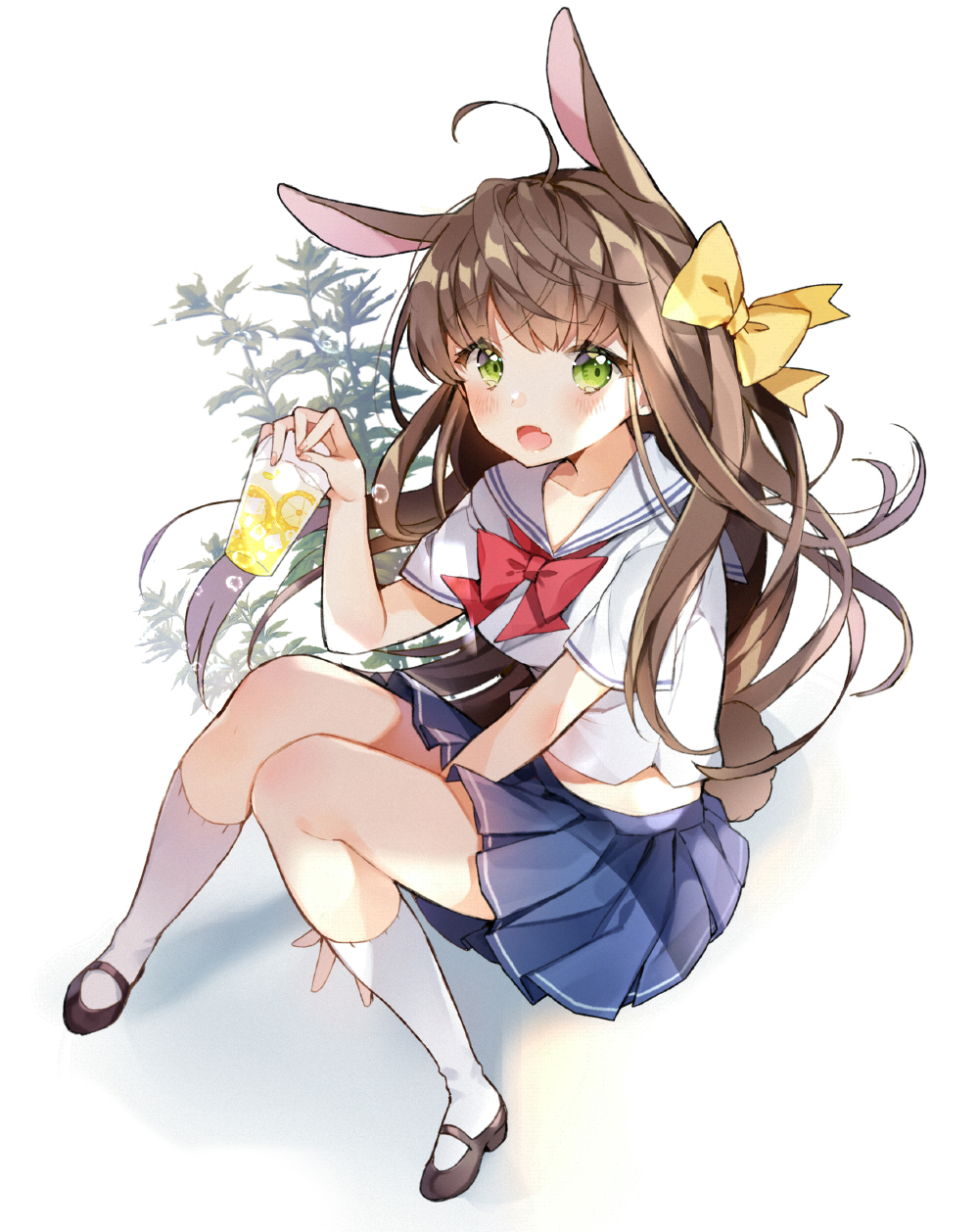 1girl animal_ears black_footwear blue_skirt blush bow bowtie brown_hair commentary_request copyright_request cup drink drinking_glass fang green_eyes hair_bow highres holding holding_drinking_glass kneehighs long_hair open_mouth pingo pleated_skirt rabbit_ears red_neckwear school_uniform serafuku shirt shoes short_sleeves sitting skirt solo tears very_long_hair white_legwear white_shirt yellow_bow