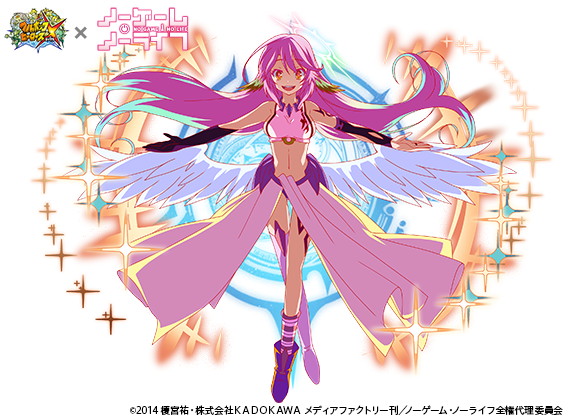 1girl angel_wings breasts copyright_name crop_top feathered_wings fullbokko_heroes gloves gradient_hair halo jibril_(no_game_no_life) large_breasts long_hair looking_at_viewer low_wings magic magic_circle midriff mismatched_legwear multicolored multicolored_eyes multicolored_hair navel no_game_no_life official_art open_mouth orange_eyes pink_hair shoes sideboob single_shoe smile solo stomach tattoo very_long_hair white_wings wing_ears wings yellow_eyes