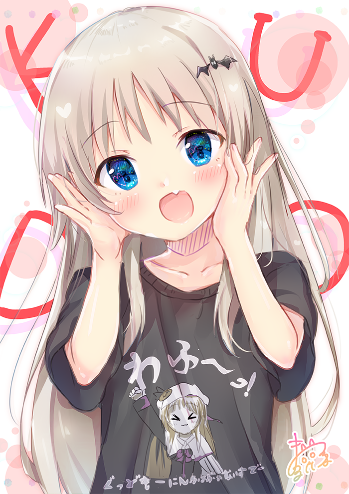 1girl :d arms_up bat_hair_ornament black_shirt blue_eyes blush clothes_writing collarbone commentary_request fang hair_ornament hands_on_own_cheeks hands_on_own_face head_tilt heart heart_in_eye kud_wafter light_brown_hair little_busters!! long_hair maruma_(maruma_gic) noumi_kudryavka open_mouth print_shirt shirt short_sleeves signature smile solo symbol_in_eye translation_request very_long_hair