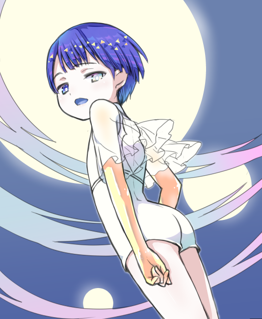 1other amimi androgynous bangs blue_eyes blue_hair blunt_bangs full_moon golden_arms heterochromia houseki_no_kuni looking_at_viewer looking_back moon multiple_moons open_mouth phosphophyllite phosphophyllite_(ll) see-through short_hair sky solo spoilers white_eyes