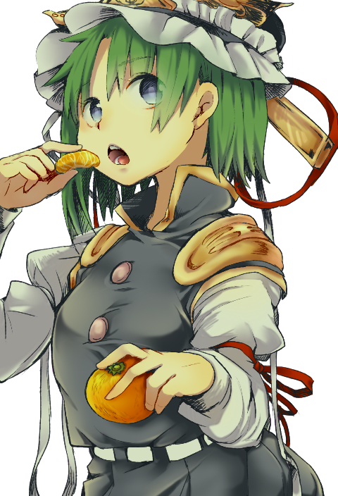 1girl bangs blue_eyes commentary_request eyebrows_visible_through_hair food fruit green_hair hand_up happy_new_year hat holding holding_fruit long_sleeves mandarin_orange new_year open_mouth shiki_eiki short_hair simple_background solo touhou upper_body wadante white_background