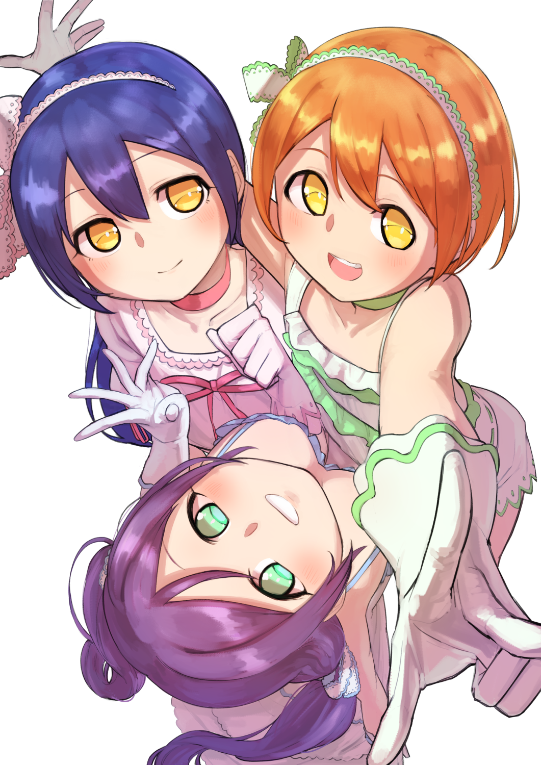 3girls bangs blue_hair blush choker commentary_request dress from_above gloves goe_(g-o-e) green_eyes hair_between_eyes hair_ribbon highres hoshizora_rin lily_white_(love_live!) long_hair looking_at_viewer love_live! love_live!_school_idol_project low_twintails multiple_girls open_mouth orange_hair purple_hair ribbon scrunchie shiranai_love_oshiete_love short_hair simple_background smile sonoda_umi toujou_nozomi twintails white_background yellow_eyes