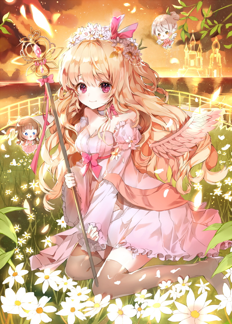 1girl b_rock blonde_hair boots bow branch chibi choker closed_mouth commentary daisy detached_sleeves dress english_commentary feathered_wings fence flower grass head_wreath holding leaf long_hair long_sleeves looking_at_viewer meadow original outdoors pink_bow pink_dress red_eyes sitting sky smile solo_focus staff thigh-highs thigh_boots white_choker white_flower white_wings wide_sleeves wings