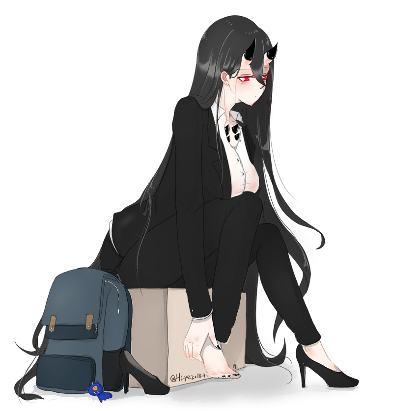 1girl alternate_costume backpack bag battleship_hime black_hair black_nails breasts commentary_request formal hi_ye high_heels horns kantai_collection large_breasts long_hair nail_polish office_lady pale_skin red_eyes shinkaisei-kan shoe_removed shoes single_shoe sitting solo suit very_long_hair white_background white_skin