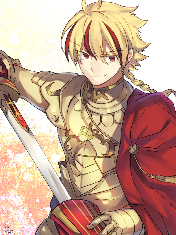 1boy ahoge armor avalon_(fate/stay_night) blonde_hair braid cape closed_mouth excalibur eyebrows_visible_through_hair fate/strange_fake fate_(series) gold_armor holding holding_sheath holding_sword holding_weapon knight looking_at_viewer male_focus multicolored_hair nikame red_cape red_eyes redhead saber_(fate/strange_fake) sheath signature single_braid smile solo sword weapon