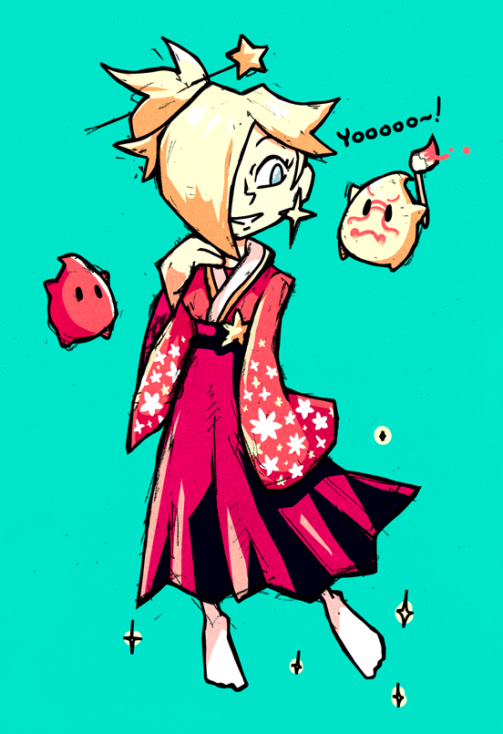 1girl barefoot blonde_hair blue_background blue_eyes calligraphy_brush chiko_(mario) commentary english_commentary hair_ornament hair_over_one_eye hairpin hand_up long_sleeves one_eye_covered paintbrush parted_lips red_skirt rosetta_(mario) setz simple_background skirt smile solo sparkle star super_mario wide_sleeves