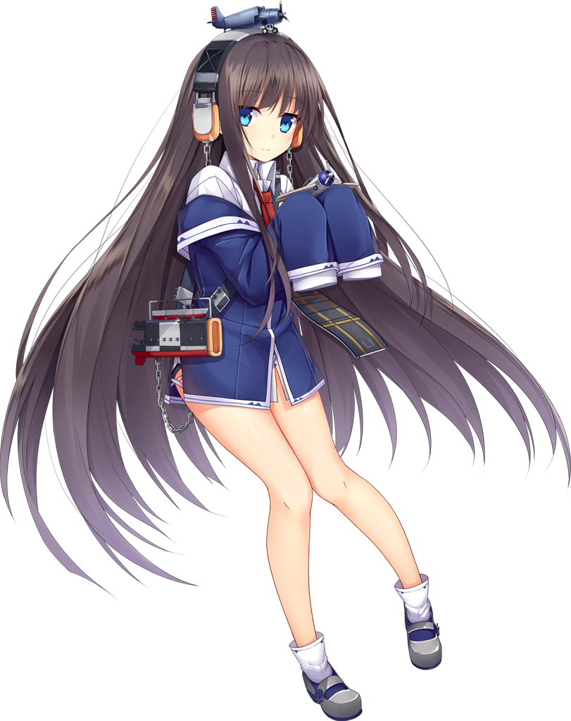 1girl aircraft aixioo azur_lane bare_legs black_hair blue_eyes chains flight_deck full_body headphones long_hair long_island_(azur_lane) long_sleeves looking_at_viewer machinery necktie no_pants object_on_head official_art shoes sleeves_past_fingers sleeves_past_wrists smile solo tachi-e transparent_background