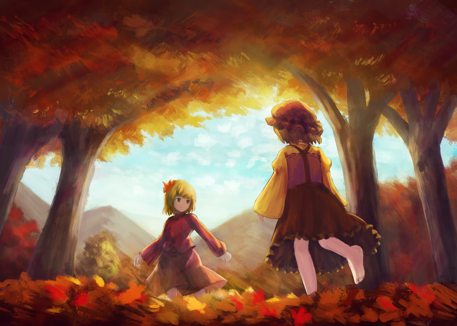 2girls aki_minoriko aki_shizuha autumn autumn_leaves barefoot blonde_hair blue_sky brown_skirt clouds day dress facing_another facing_away forest frilled_skirt frills from_behind from_below hair_ornament hat juliet_sleeves leaf_hair_ornament long_sleeves looking_at_another mob_cap mountain multiple_girls nature ookashippo outdoors puffy_sleeves red_dress shirt short_hair siblings sisters skirt sky standing suspender_skirt suspenders touhou walking yellow_shirt