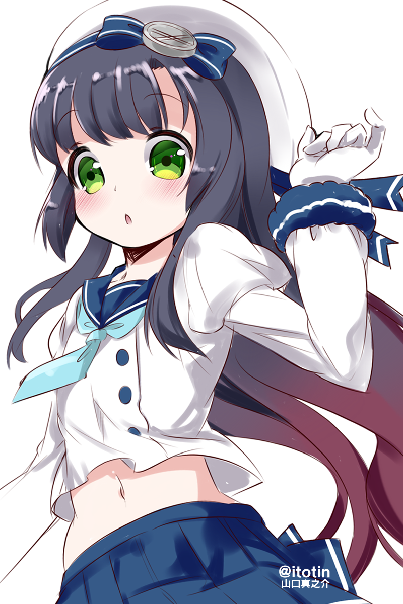 1girl arm_up bangs beret black_hair blue_neckwear blue_sailor_collar blue_skirt blush eyebrows_visible_through_hair gloves gradient_hair green_eyes hat highres itotin juliet_sleeves kantai_collection long_hair long_sleeves matsuwa_(kantai_collection) midriff multicolored_hair navel necktie parted_lips pleated_skirt puffy_sleeves red_eyes sailor_collar school_uniform serafuku short_necktie simple_background skirt solo twitter_username very_long_hair white_background white_gloves white_hat