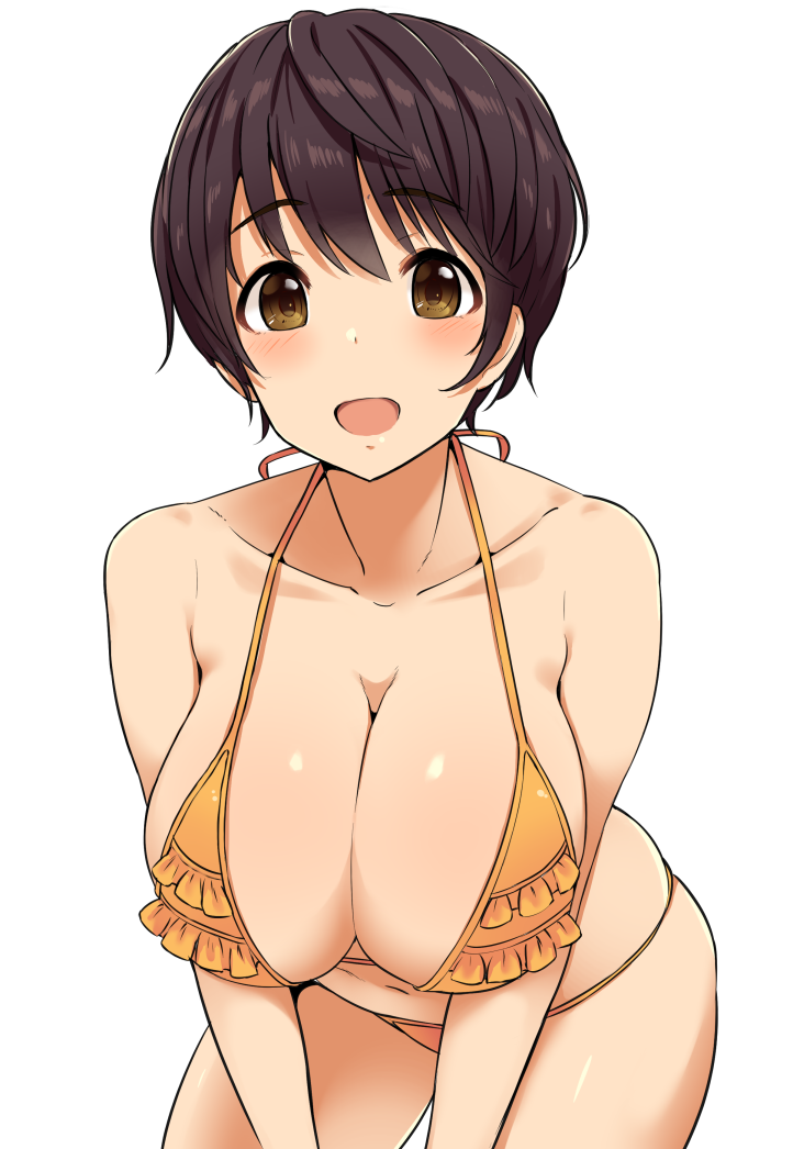 1girl :d arms_at_sides bangs bikini black_hair blush breasts brown_hair cleavage commentary_request eyebrows_visible_through_hair frilled_bikini frills halter_top halterneck idolmaster idolmaster_cinderella_girls large_breasts leaning_forward looking_at_viewer mitsukazu_(nijigen_complex) navel oikawa_shizuku open_mouth short_hair simple_background smile solo standing swimsuit tareme white_background yellow_bikini