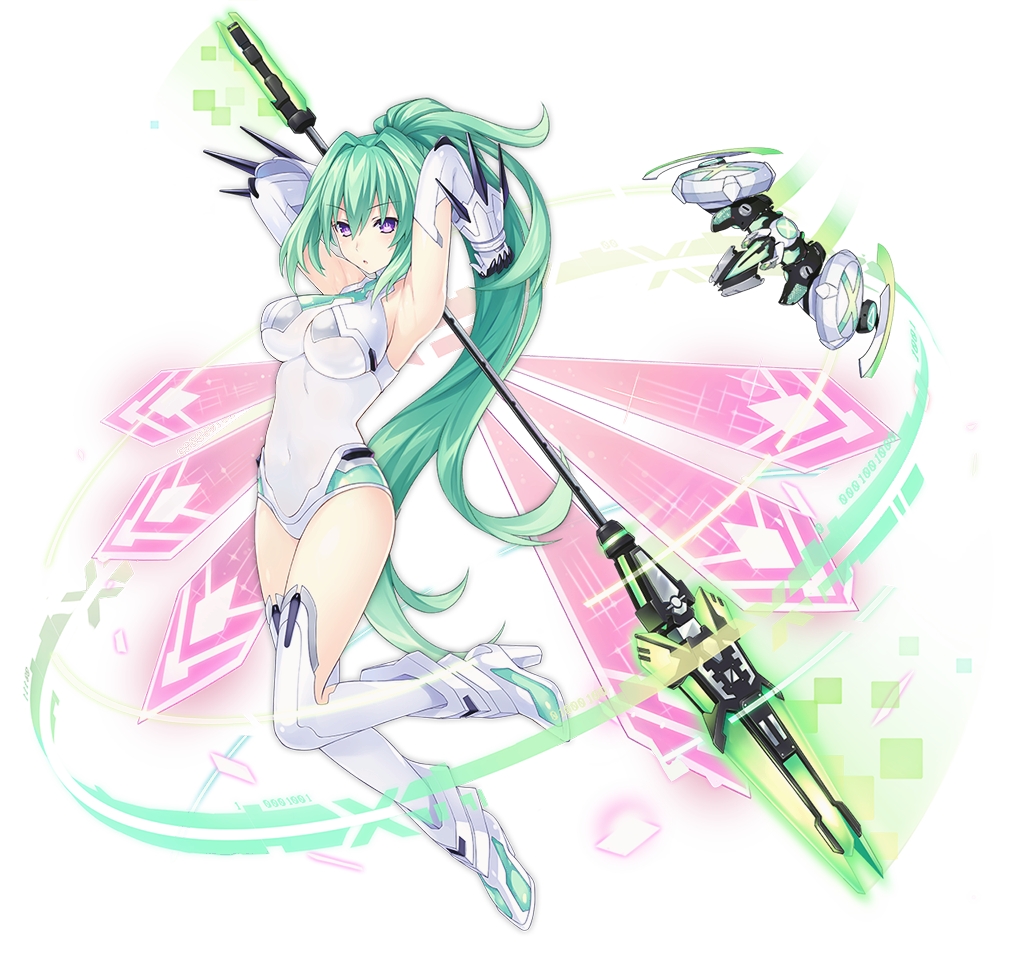 1girl :o arms_behind_head arms_up azur_lane bangs bare_shoulders breasts bright_pupils detached_wings elbow_gloves eyebrows eyebrows_visible_through_hair full_body gloves green_hair green_heart hair_between_eyes hair_intakes high_heels high_ponytail holding holding_spear holding_weapon large_breasts long_hair looking_at_viewer neptune_(series) number official_art open_mouth pink_wings polearm power_symbol revealing_clothes solo spear spikes stomach symbol-shaped_pupils tachi-e tongue transparent_background tsunako turtleneck under_boob vert very_long_hair violet_eyes weapon white_gloves white_pupils wings