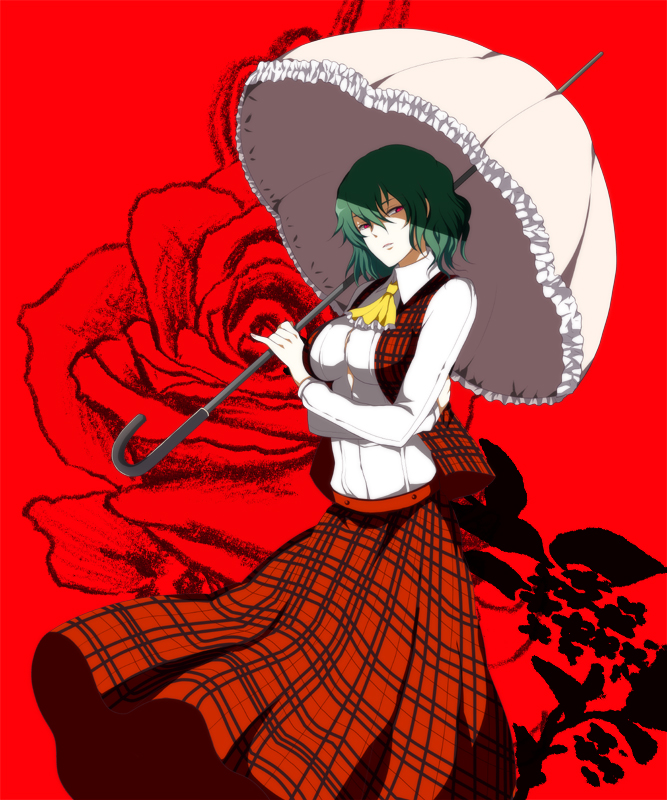 breasts flower frown green_hair harano impossible_clothes impossible_shirt kazami_yuuka large_breasts long_skirt parasol plaid plaid_skirt plaid_vest red_background red_eyes red_rose rose shade short_hair skirt skirt_set touhou umbrella