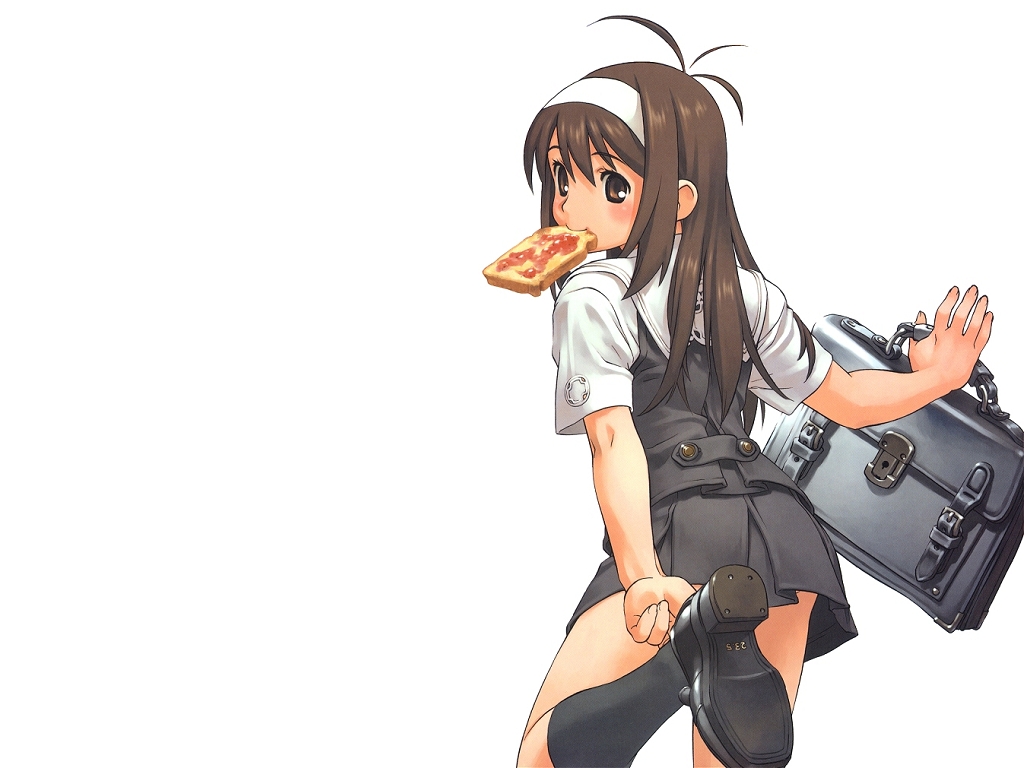 bag bread bread_in_mouth brown_eyes brown_hair food hairband long_hair mouth_hold satchel school_bag school_uniform skirt tanaka_kunihiko toast toast_in_mouth wallpaper