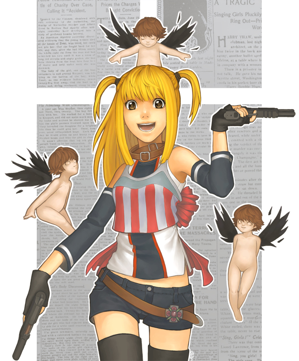 akimbo angel belt beltskirt blonde_hair death_note dual_wield dual_wielding gun handgun jelobee open_mouth pistol shorts smile thighhighs weapon yagami_light