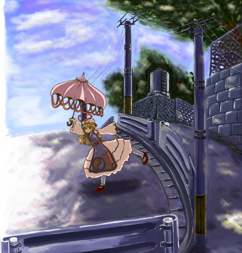 ameimo bad_proportions contemporary power_lines shade smile solo standing_on_one_leg touhou umbrella yakumo_yukari